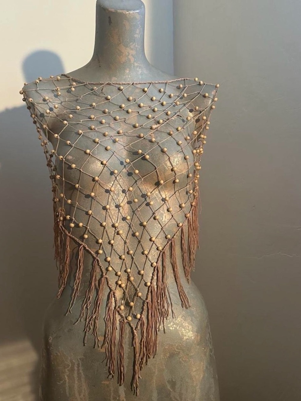SOLD Beaded Net Fringe Shawl in Taupe